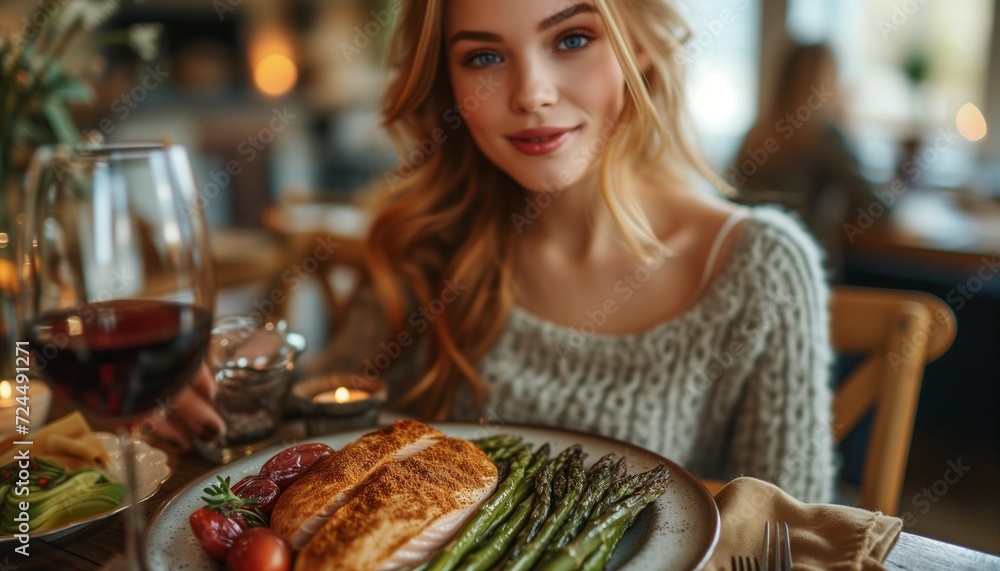Vegetarian Delight: Young Woman Enjoying Meal at Bright Table