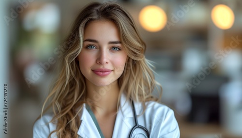 Woman in White Lab Coat Looking at Camera with Copy Space