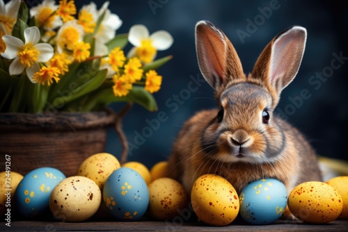 easter bunny with tulips and painted eggs on dark background, ai generated