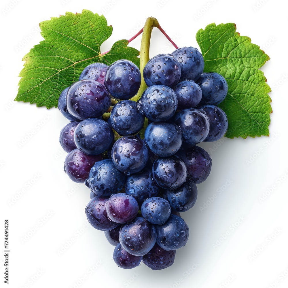 Fototapeta premium Large Fresh Black Grapes Big Bunch On White Background, Illustrations Images