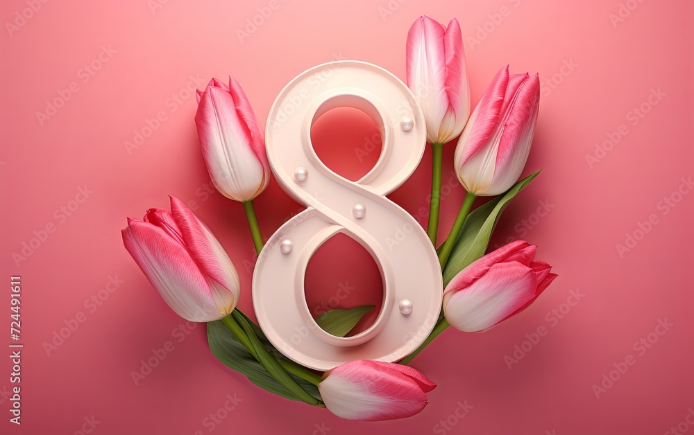 Number 8 symbol next to the tulip flowers on a pink background