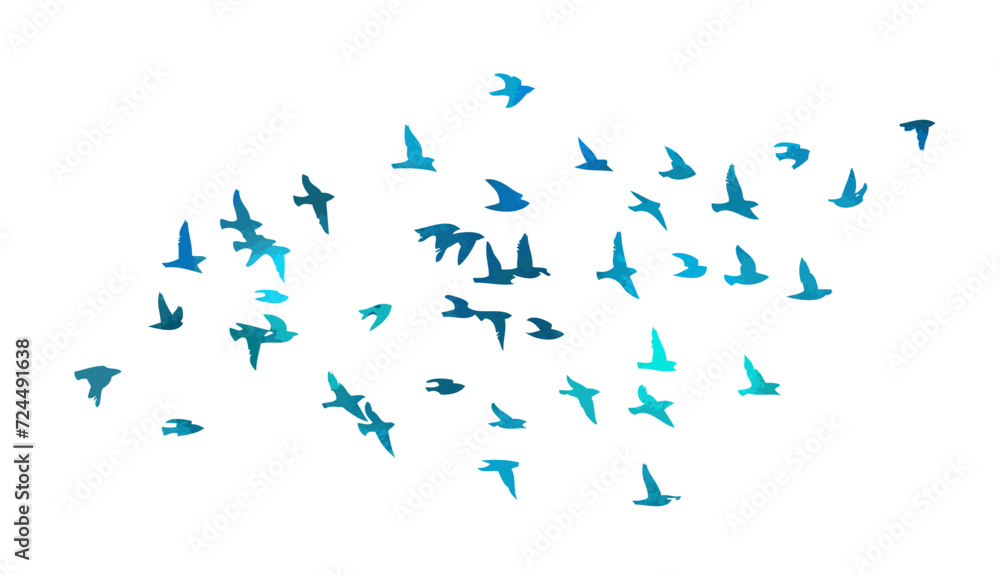 A flock of blue watercolor flying birds. Free birds abstraction. hand drawing. Not AI. Vector illustration - obrazy, fototapety, plakaty 