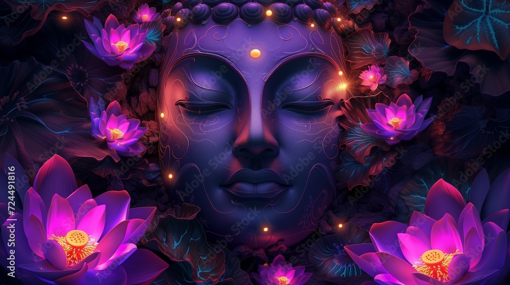 A serene Buddha statue illuminated in purple light surrounded by lotus flowers, symbolizing peace and enlightenment.