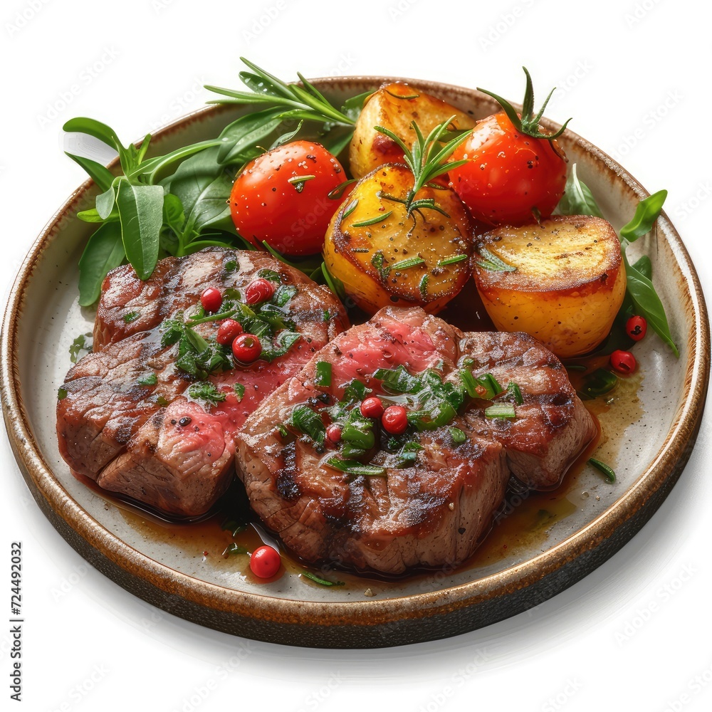 Meat Food Roast Beef Steak Garnished On White Background, Illustrations Images Meat Food Roast Beef Steak Garnished On White Background, Illustrations Images
