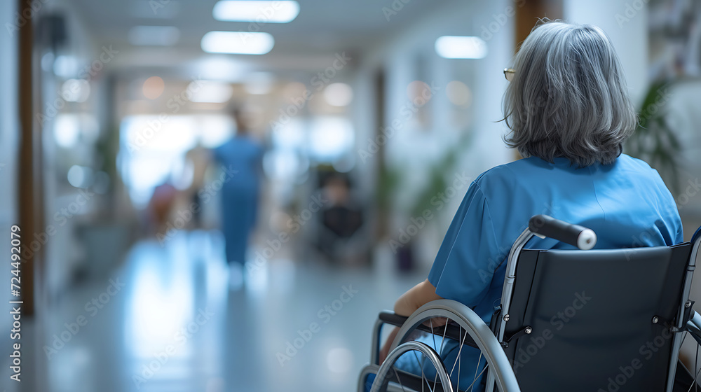 Senior or elderly old lady woman patient sitting on wheelchair at the hospital. Generative AI illustration Senior or elderly old lady woman patient sitting on wheelchair at the hospital. Generative AI illustration