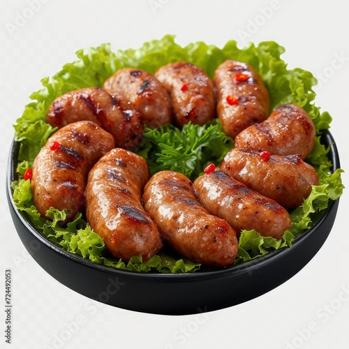 Meat Sausages On Lettuce Leaves Isolated On White Background, Illustrations Images