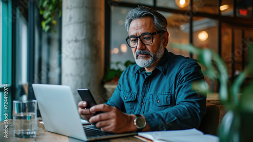 Mature man is sitting at a table in a dimly lit office space, focused on his smartphone with a laptop open in front of him