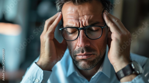 Middle-aged man experiencing a headache, evident by his pained expression and hands pressed against his temples. © MP Studio
