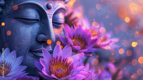 A serene Buddha statue illuminated in purple light surrounded by lotus flowers, symbolizing peace and enlightenment. photo