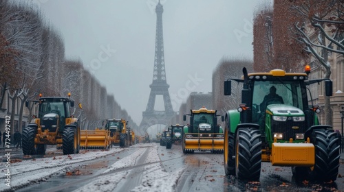 many farm tractors driving along the road in the city, with the tower in the background, road strike photo