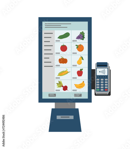 Food kiosk for self-odering and self payment. Interactive kiosk with fruit and vegetables in flat style isolated on white.