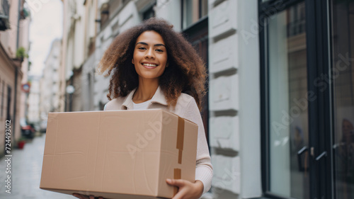 a happy woman receives a delivery box © kura