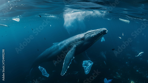 a blue whale in a polluted sea