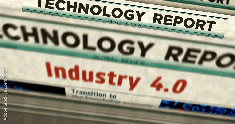Industry 4.0 technology robotics and automation daily news newspaper printing. Abstract concept retro headlines 3d seamless looped. Industry 4.0 technology robotics and automation daily news newspaper printing. Abstract concept retro headlines 3d seamless looped.