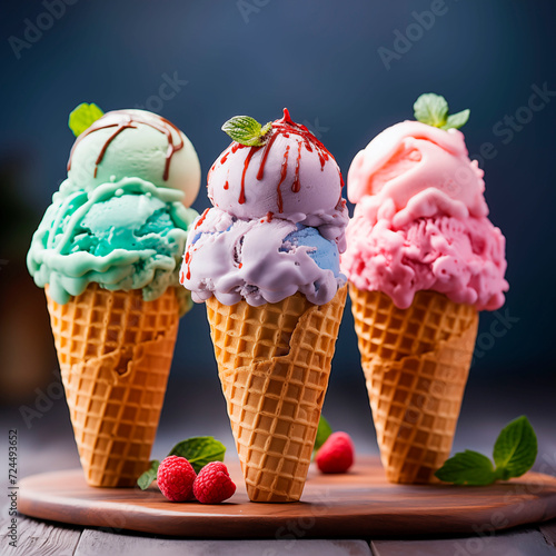 Colorful ice cream scoops in cones