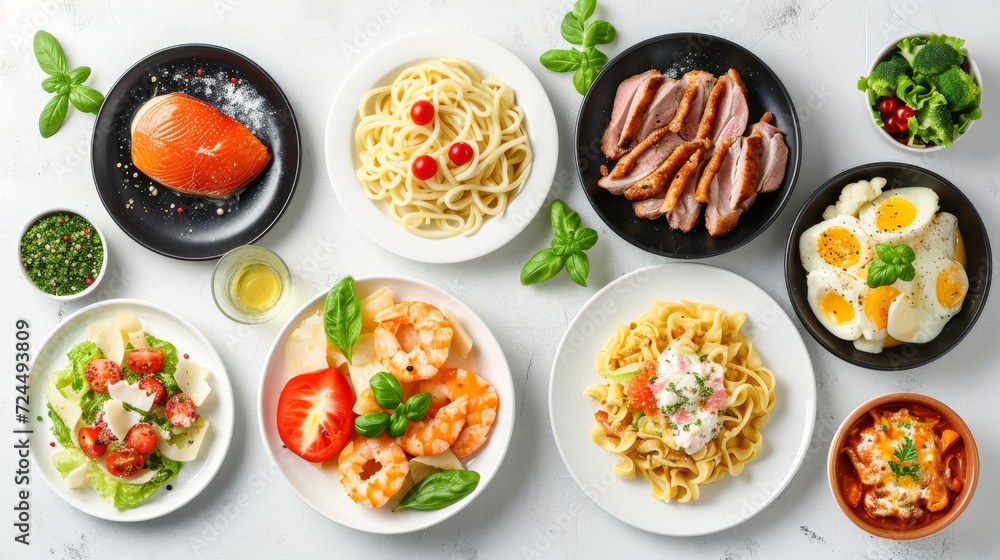 Various plates of food isolated on white background Various plates of food isolated on white background
