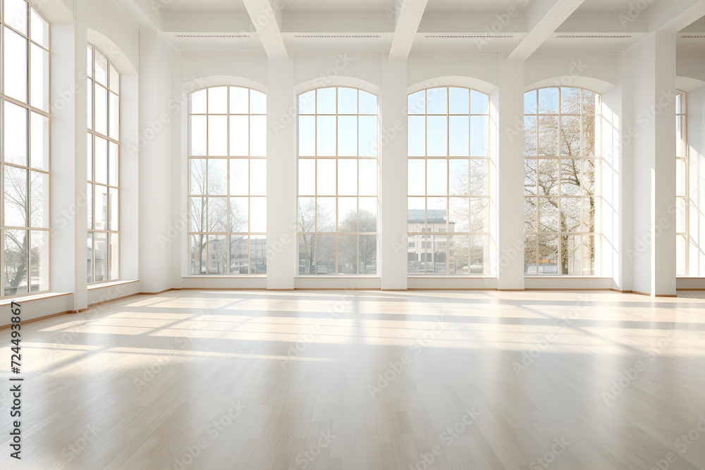 Fototapeta premium Heller, leerer Raum mit großen Fenstern, Interior-Design, erstellt mit generativer KI