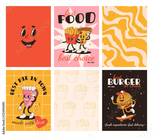 Set of fast food posters. Retro groovy cards with street food characters. Brochure with funky groovy burger, french fries, soda, ice cream, donut, pie, coffee to go, sandwich. Fast food delivery