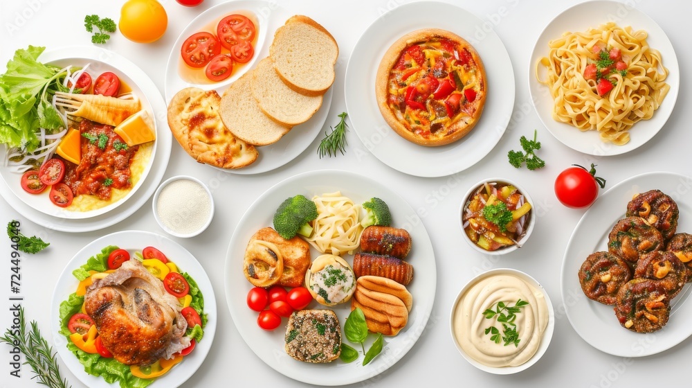 Various plates of food isolated on white background Various plates of food isolated on white background