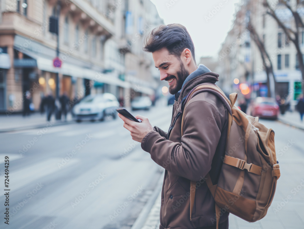 a happy male tourist using a smartphone on the street a happy male tourist using a smartphone on the street