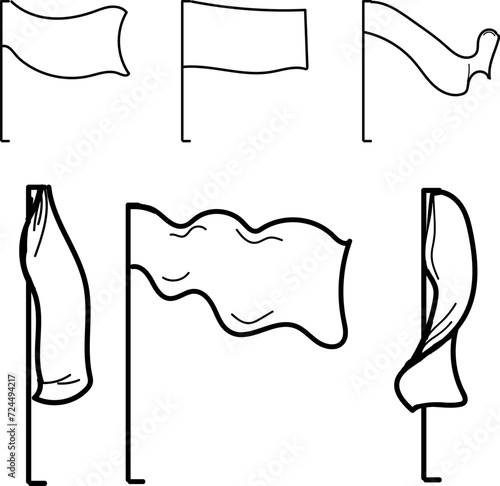 Set of flags, some of them flutter in the wind, while others hang along the flagpole or stand.