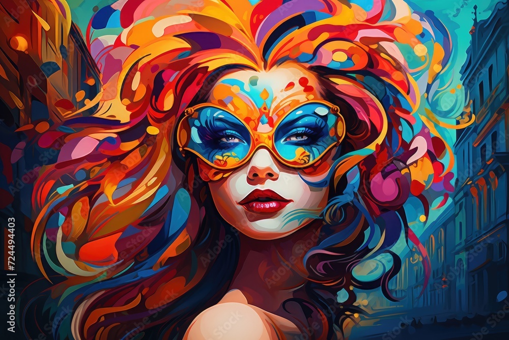 Vibrant Masquerade: Artistic Vision of Urban Carnival Beauty Generative AI