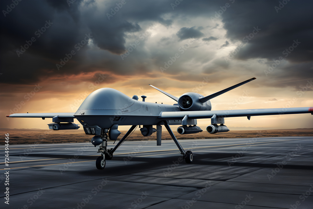 Militärische Drohne vom Typ Reaper auf dem Rollfeld, erstellt mit generativer KI - obrazy, fototapety, plakaty 