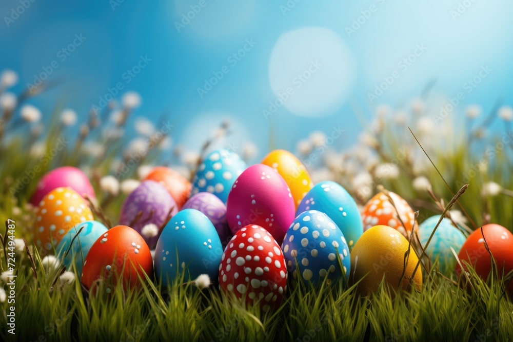 colorful eggs on green grass at sunny day. ai generated colorful eggs on green grass at sunny day. ai generated