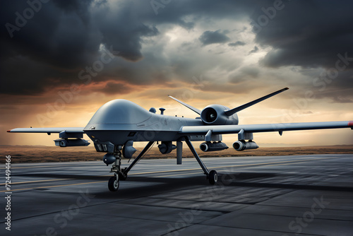 Militärische Drohne vom Typ Reaper auf dem Rollfeld, erstellt mit generativer KI © rawku5