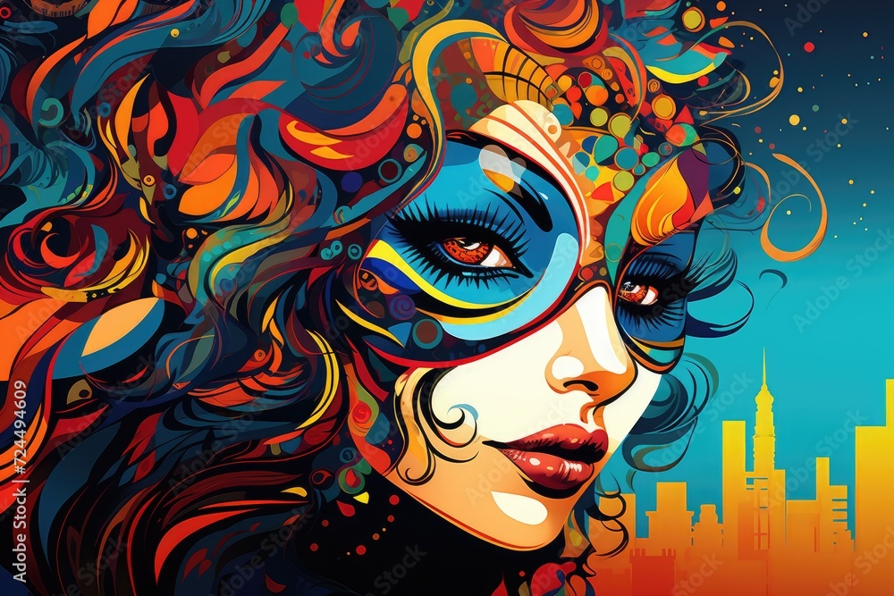 Urban Elegance: Woman in Colorful Mask Against City Backdrop Generative AI