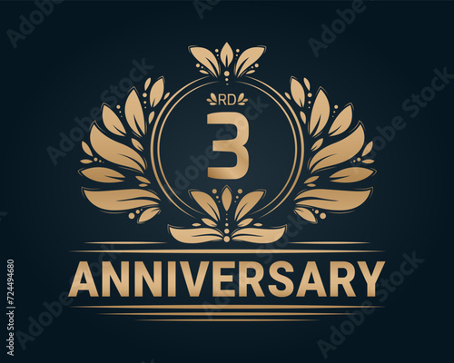 3rd Anniversary Royal Golden Design. Anniversary celebration decorative illustration.