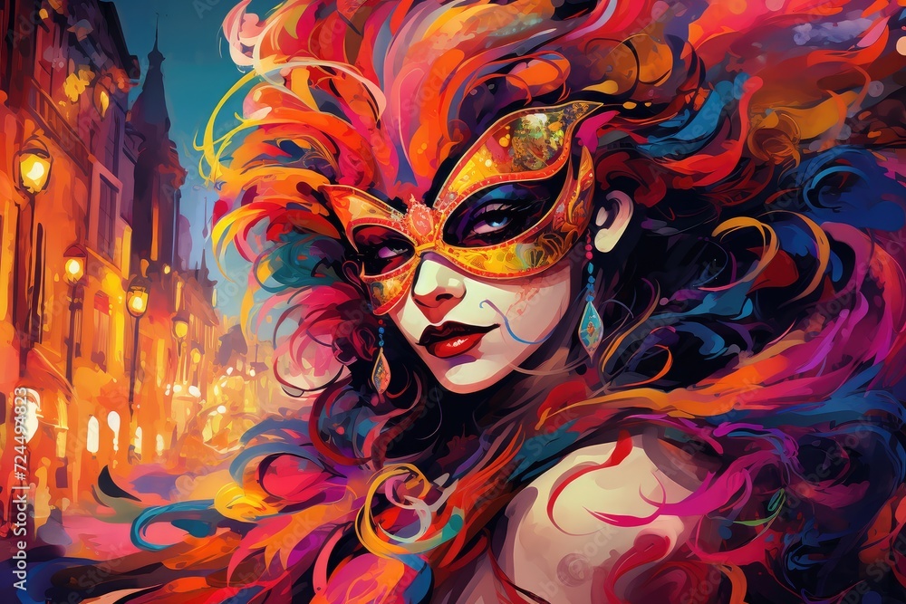 Vivid Elegance: Carnival Queen with Exotic Feathers and Mask Generative AI