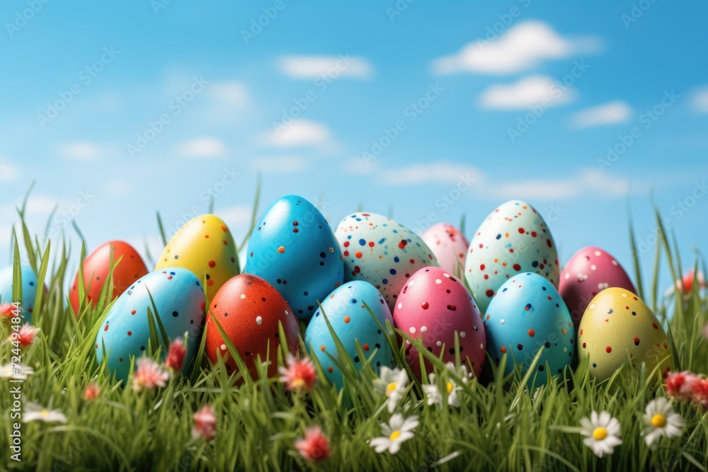 colorful eggs on green grass at sunny day. ai generated