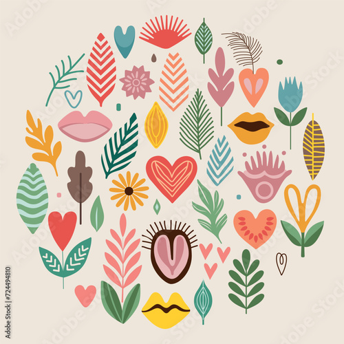 Floral abstract shapes collection. Color leaves, hearts, flowers, lips and branches set. Vector illustration.