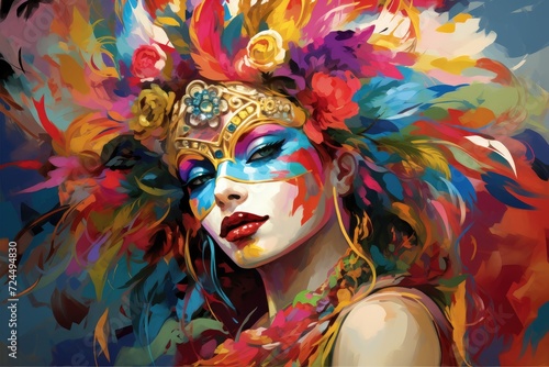 Vivid Elegance: Carnival Queen with Exotic Feathers and Mask Generative AI