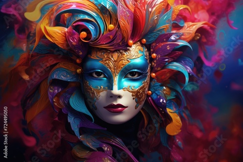 Mysterious Elegance: Woman in Ornate Carnival Mask and Colorful Feathers Generative AI © Gelpi