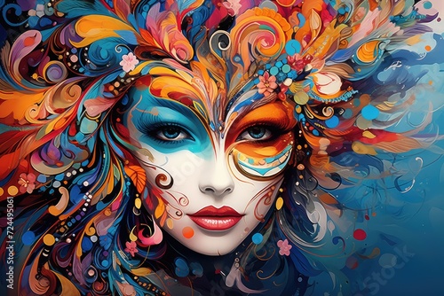 Mysterious Elegance: Woman in Ornate Carnival Mask and Colorful Feathers Generative AI