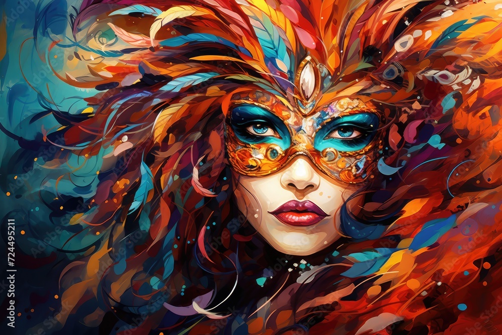 Obraz premium Mysterious Elegance: Woman in Ornate Carnival Mask and Colorful Feathers Generative AI