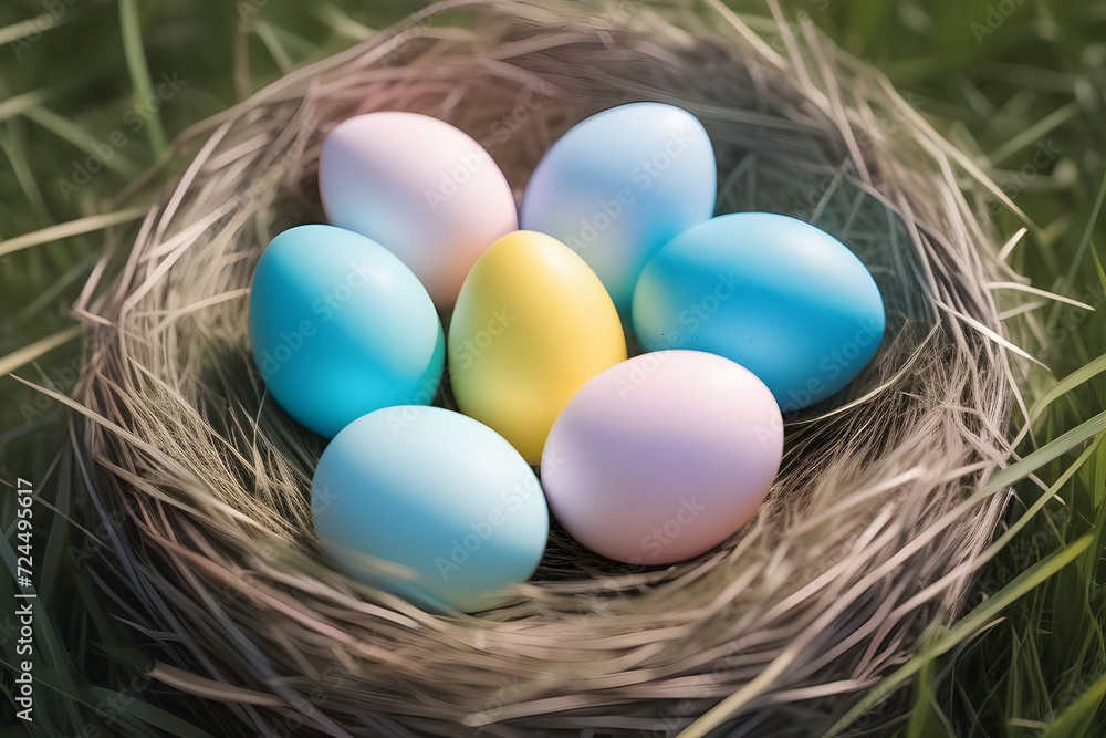 Colorful Easter eggs in a nest on green grass. Colorful Easter eggs in a nest on green grass.