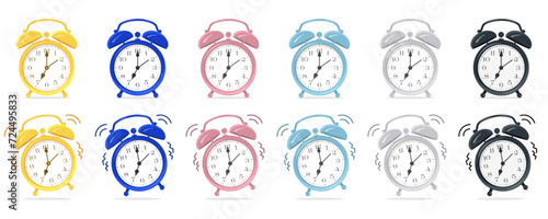 Alarm Clock Set. 6 Color Variants. Vector illustration
