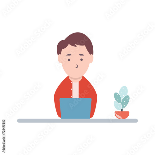 Man at desktop working with laptop Corporate worker Freelancer or office worker. Vector illustration in simple concept flat style