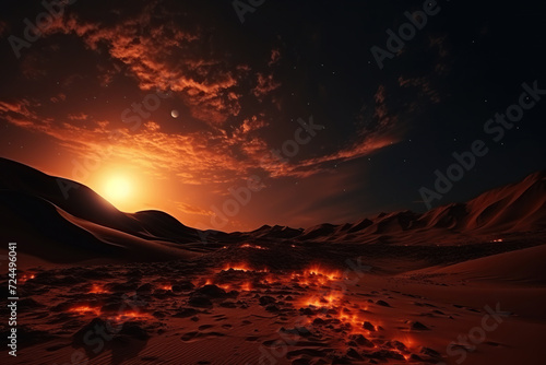 Desert landscape in the rays of the setting sun with fires on the sand. Generated by artificial intelligence