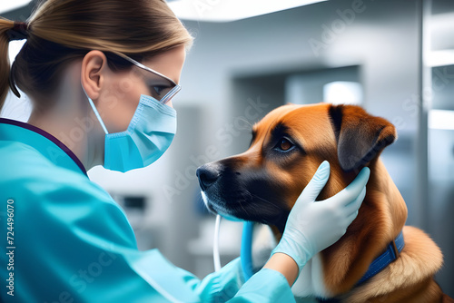 Close up of veterinarian examining a dogs ears during a checkup in the clinic photo