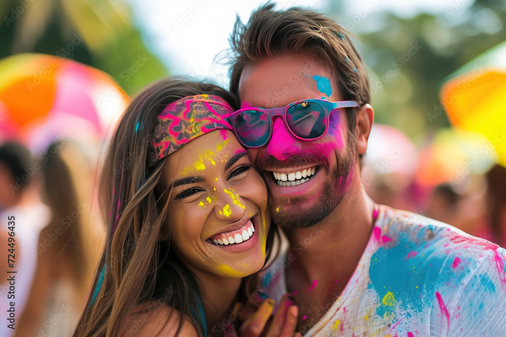 Smiling pair enjoying holi festival Smiling pair enjoying holi festival
