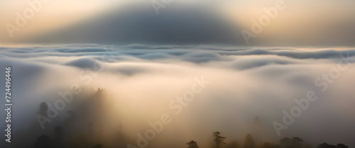 Morning Fog Elegance: Captivating Image of Sunshine Piercing Through Foggy Ambiance.