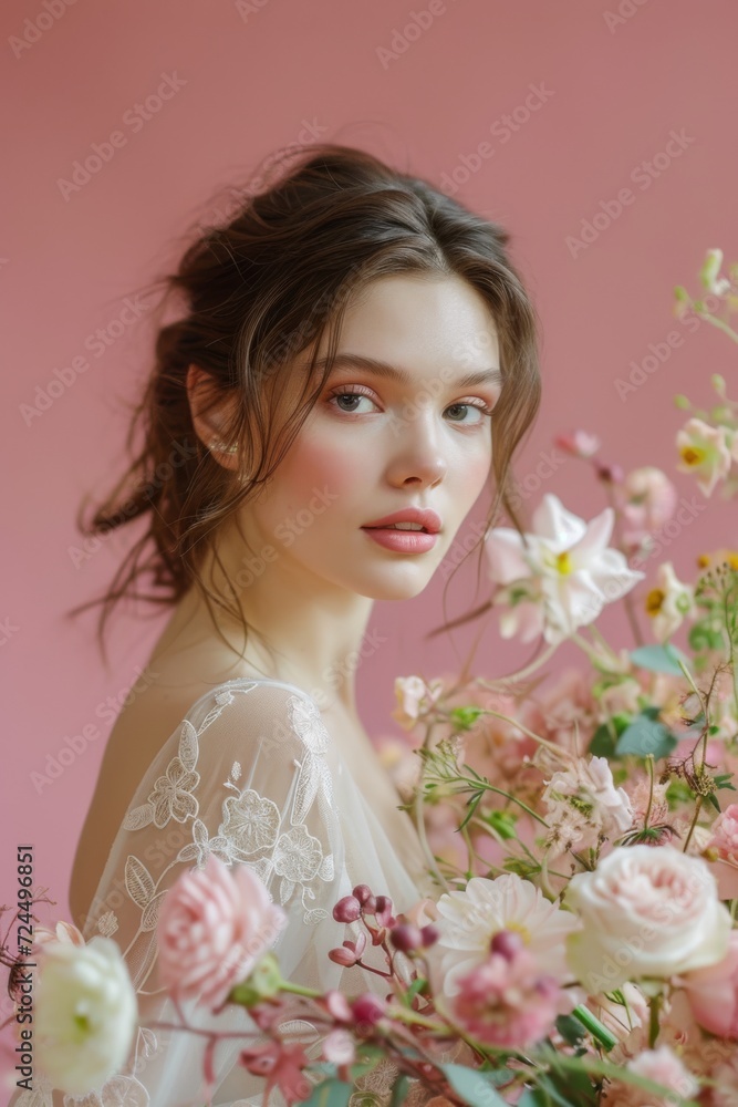 The bride, adorned in a white dress with pink floral accents, gazes directly at the camera against a pink backdrop