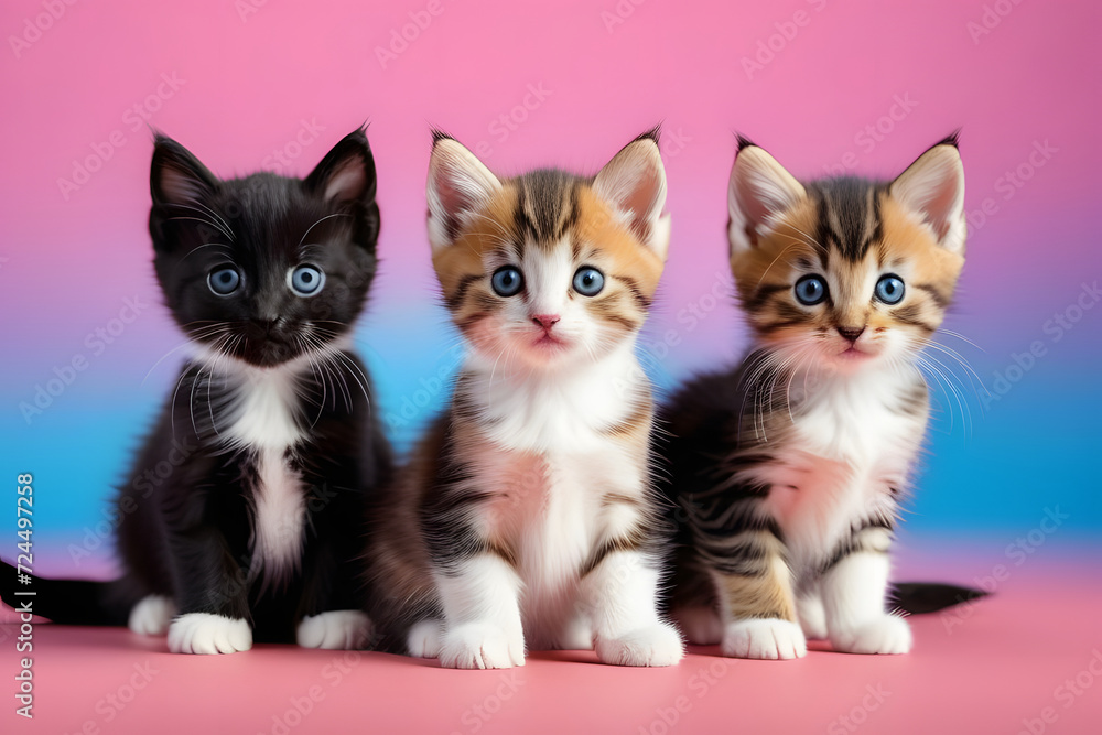 Adorable Tabby and Siamese Kittens Sitting Together on Pink Background with Bright Blue Eyes