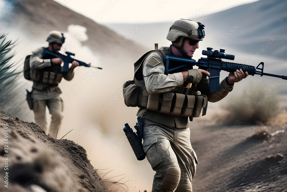 Army soldiers in full gear advancing through a barren desert landscape during a military operation. Army soldiers in full gear advancing through a barren desert landscape during a military operation.
