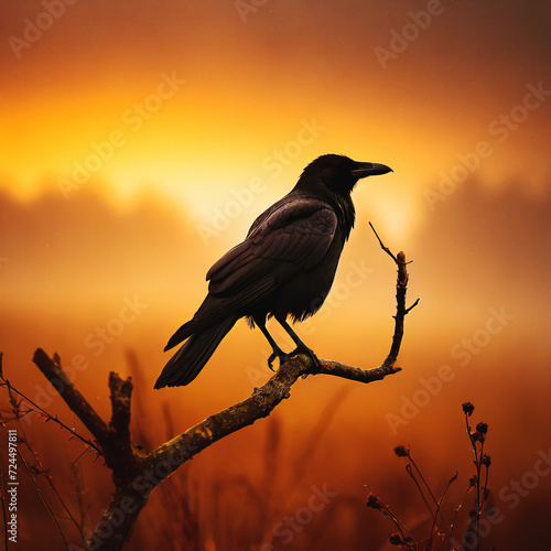 Silhouette of black raven on dead tree branch in misty morning, generative ai illustration