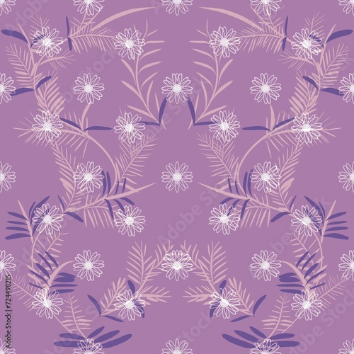White daisy flower and leaf seamless Indian pattern  design on purple background pattern concept for fabric home decoration curtain scarf motifs indian blouse design call lehenga dress.